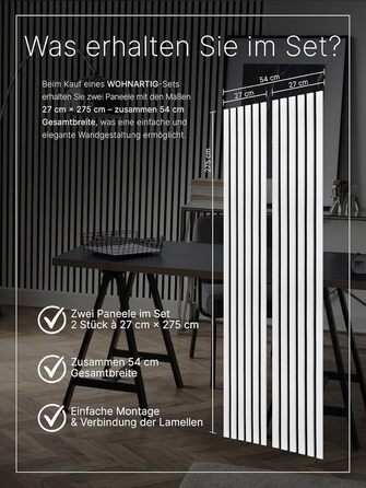 Акустичні настінні панелі з ламелями на фетрі, білі (набір 2 шт. 275x27 см), 1.485 м² — декоративна стінова облицовка