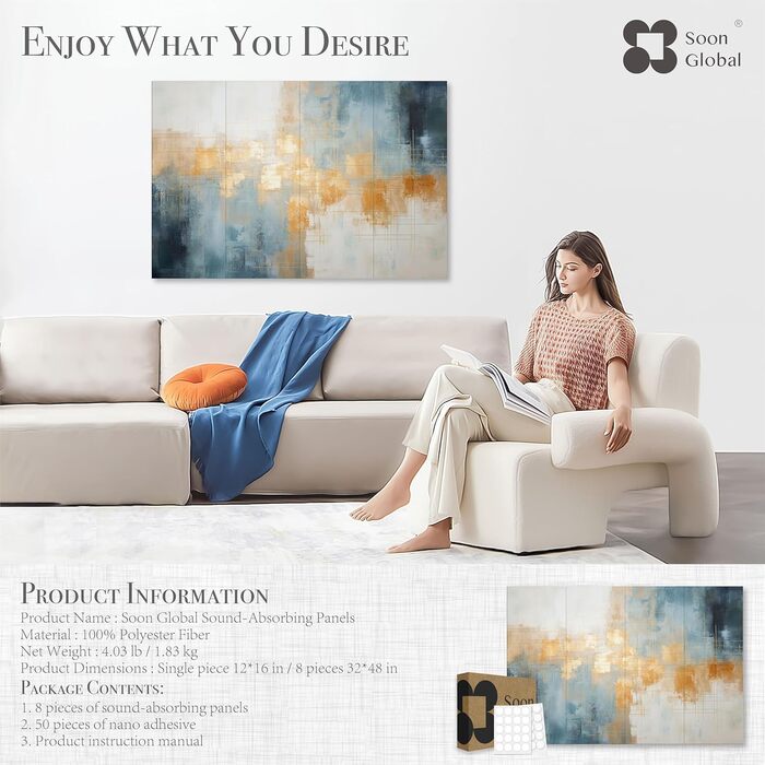 Акустичні настінні панелі Soon Global, 121,9 x 81,3 см, декоративні звукопоглинаючі панелі для стін, колір Teal Aura (блакитно-зелений)