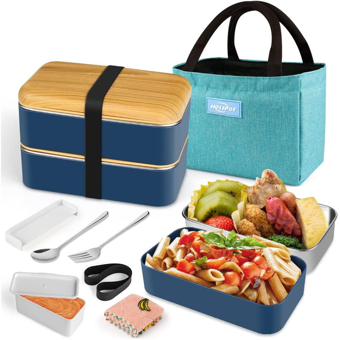 HOLIPOT Ланчбокс Bento Box з роздільниками, 2 рівні, з нержавіючої сталі та PP, з ложкою та виделкою, сумка, для дітей та дорослих, блакитний