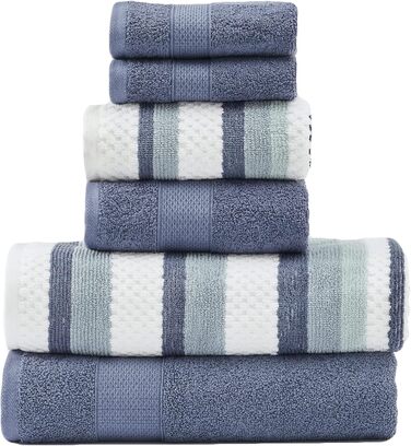 Modern Threads Pax 6-Piece Reversible Dyed Jacquard Towel Set – Bath Towels, Hand Towels, and Washcloths – Super Absorbent and Quick Drying – 100% Combed Cotton, Denim