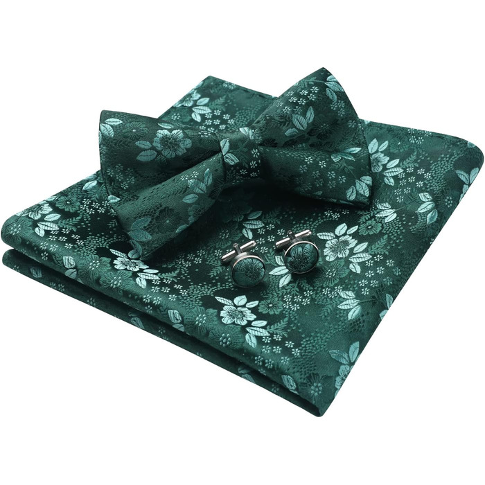 HISDERN Комплект краватка-метелик, кишеньковий хустинка та запонки з візерунком павлічків, з гачком, регульована, вже зав'язана, для вечірки, весілля, Різдва, Хелловіну, A1-Зелений