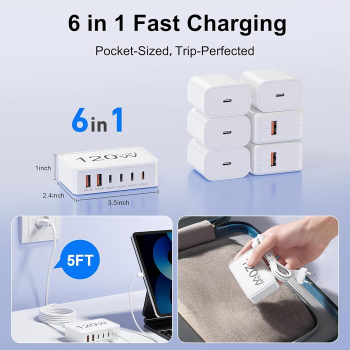 Зарядний пристрій USB-C 120W, 6 портів (4x USB-C, 2x USB-A) PD 3.0, швидка зарядка для iPhone 16/15/14 Pro/Pro Max, iPad – портативний адаптер живлення