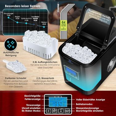 Машина для приготування льоду KESSER® з нержавіючої сталі, 150W, 12 кг/24 год, 3 розміри кубиків, таймер, LCD-дисплей, чорний