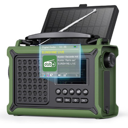 ROCAM Портативне радіо DAB+ з Bluetooth, 12000mAh, радіо з ручкою, сонячна панель 8500мм², 650mA, DAB/UKW, 2.4' дисплей, 80 станцій, LED ліхтарик, USB, SOS, IPX6, для надзвичайних ситуацій, зелене