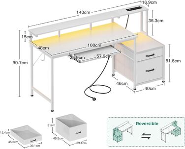 Ігровий стіл Coleshome з LED підсвічуванням, білий, 140x48 см. Стіл для комп'ютера з тканиними ящиками, 2 розетками та 2 USB-портами, з підставкою для монітора. Підходить для дому та офісу.