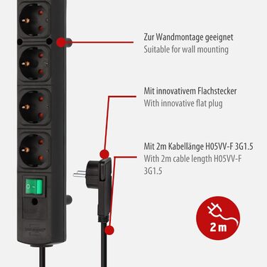 Брененштуль Comfort-Line Plus Розподільник розеток 4-fach з вимикачем, 2м кабелем та широкими проміжками між розетками, чорний