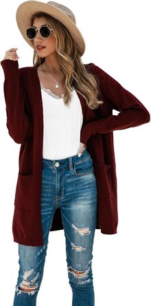 Кардиган жіночий Saodiallsu з довгими рукавами, легкий, однотонний, з кишенею (Вишневий, L)