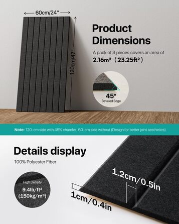 Акустичні панелі Soundsbay самоклейні для звукоізоляції та декору стін, 120×60×0.9 см, чорні (3 шт, 2.16 м²)