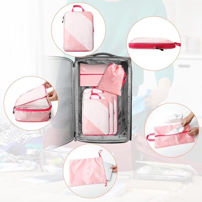 Набір органайзерів для валізи AiQInu: 5 шт. з компресією, мішки для білизни та взуття, рожевий