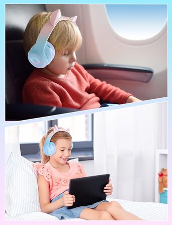 Бездротові навушники Bluetooth для дітей з LED-підсвіткою, котячими вушками та мікрофоном, HD Stereo, складна конструкція, регульоване наголов'я, для дівчаток (блакитні)