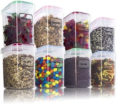 TNM Storage Container Set (4x1.6L), Airtight Food Storage Boxes for Kitchen - Plastic Containers with Lids, Cereal Dispenser & Freshness Containers, BPA-free Plastic, Storage for Noodles, Cereal, Rice, Flour - Coloured Food Container 1.6l