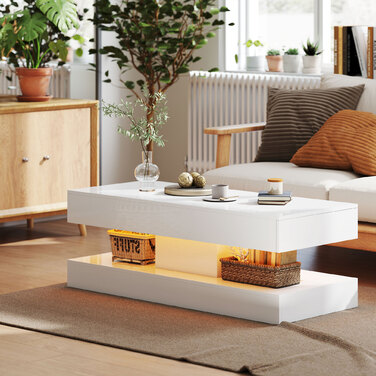HOMCOM Living Room Coffee Table with Drawers and LED Lights, Modern Sofa Table with Open Storage, Coffee Table, Particleboard, White