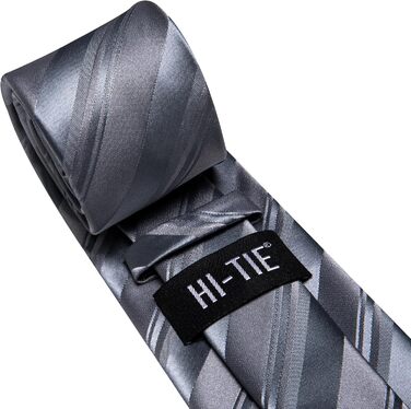 Комплект краваток для чоловіків Hi-Tie: краватка, нагрудна хустинка, кравецькі шпильки, запонки, формальний шовк, для весілля та свят (смугастий темно-сірий)