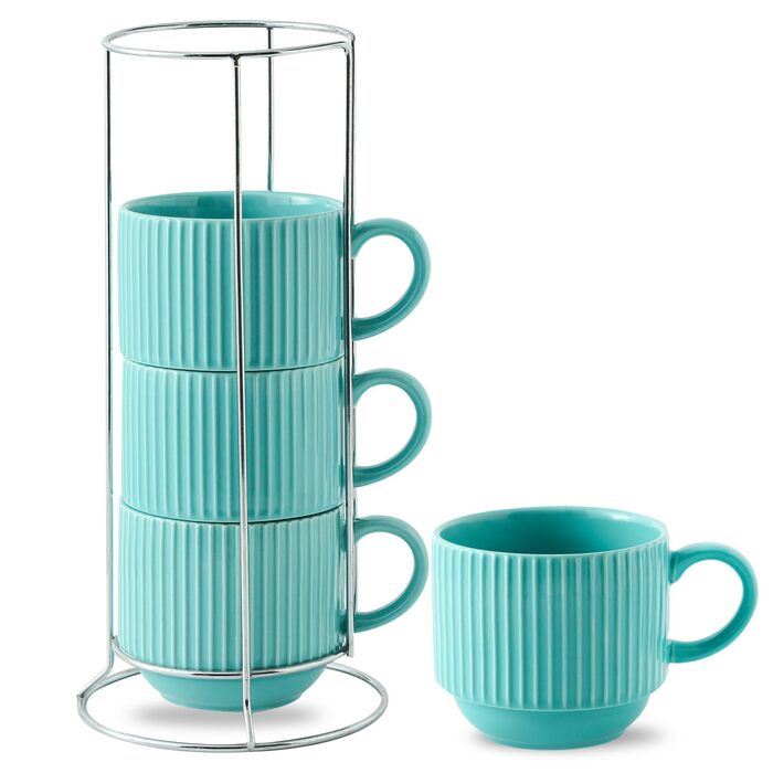 Набір кавових чашок Hasense Porcealin, 4 шт. з підставкою, 425 мл, кераміка, блакитно-зелений колір (Trace Of Paradise), для капучино, чаю, гарячого шоколаду