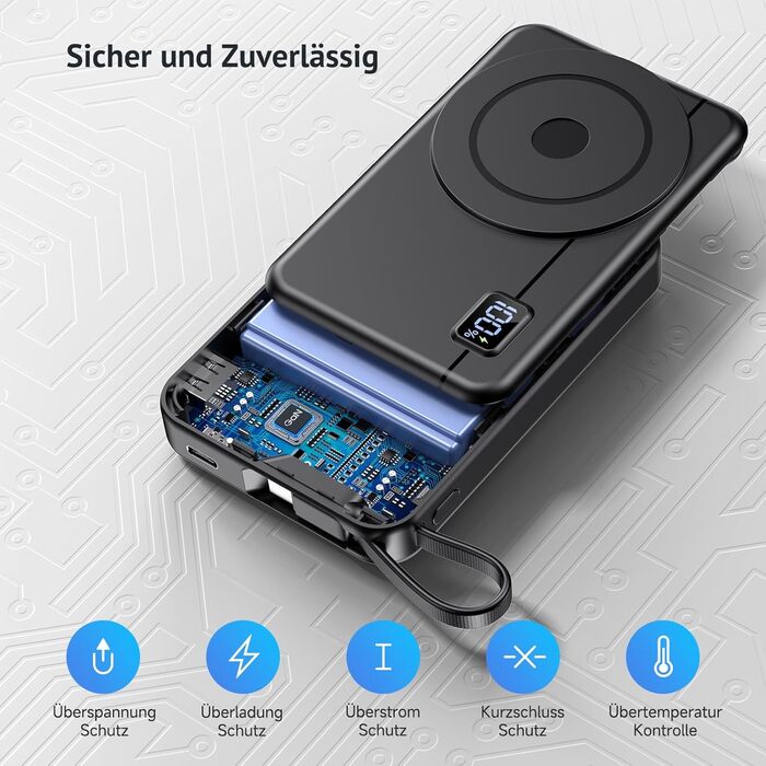 Powerbank MagSafe 10000mAh 22.5W з магнітним кріпленням, USB-C, LED-дисплеєм. Сумісний з iPhone 16/15/14/13/12 Pro Max, Galaxy та іншими пристроями. Чорний