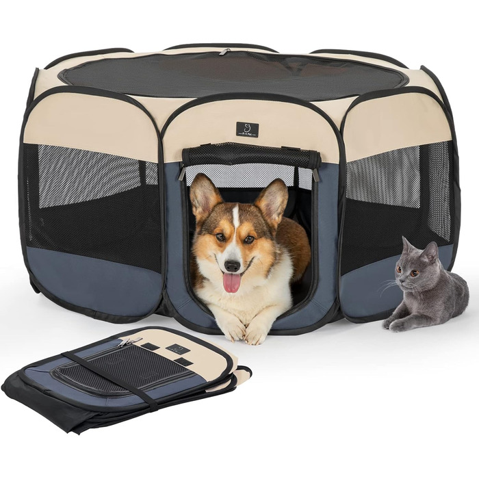 Клітка-вигул для цуценят та котів 4 Pet, складана, для дому та вулиці, з мискою, блакитно-біла