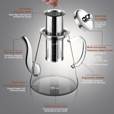 Скляний чайник із ситечком 1200 мл з боросилікатного скла з мірною шкалою для листового чаю та чайних квітів, подарунковий набір