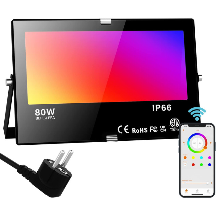 RGB LED Spotlight Outdoor 80W Bluetooth APP Control Flood Light Outdoor, 2700K & Million Colors Dimmable Smart Floodlight Spotlight IP66 Waterproof Outdoor Spotlight Floodlight Garden Mood Lighting 2 (Bluetooth-80w X 1 pack)
