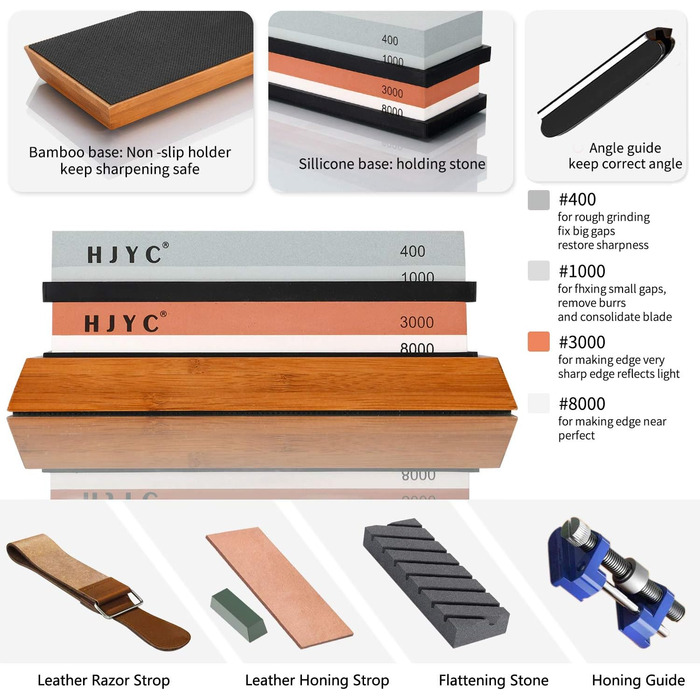 Набір для заточування ножів: 4 сторони, зернистість 400/1000/3000/8000, водяний камінь, бамбукова підставка, камінь для вирівнювання, кутовий шаблон, шкіряний брусок, полірувальна паста, інструкція з заточування. Чорно-червоний