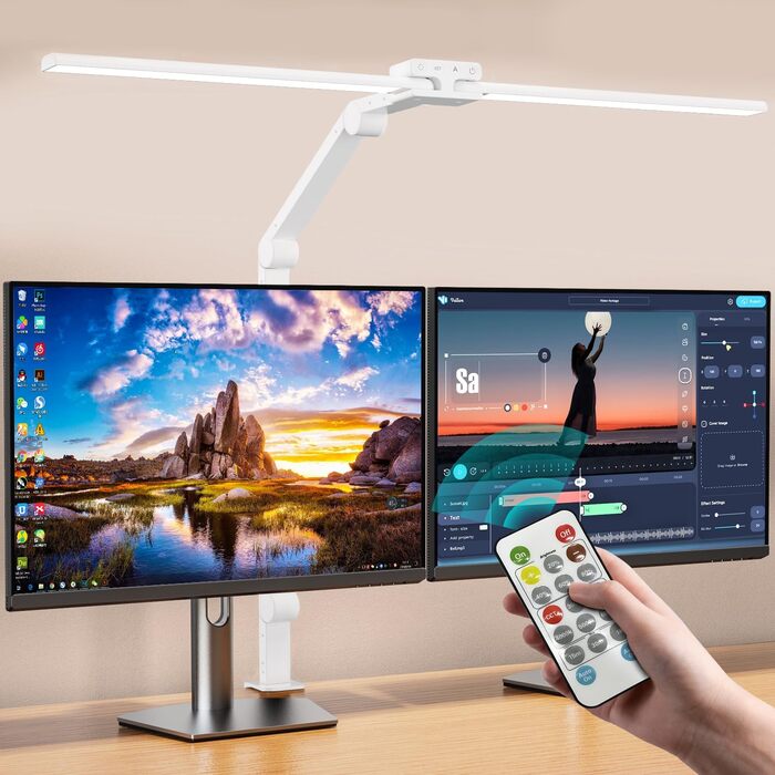 LED лампа настільна KableRika з двома головками, регульована яскравість, 24W, з пульт дистанційного керування, захист очей, для офісу та дому, денне світло, лампа для монітора (біла)