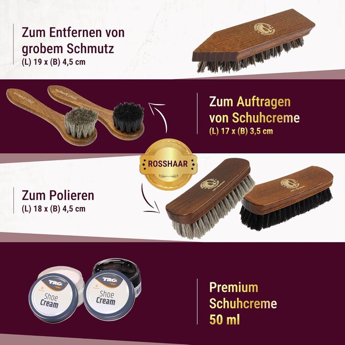 Premium Rosshaar Shoe Brush Shoe Care Set - 2 x Extra-Large Polishing Brushes - 2 x Rosshaar Application Brushes - 2 x Brand-Name Shoe Cream - Coconut Fiber Dirt Brush - Shoe Care Made in Germany