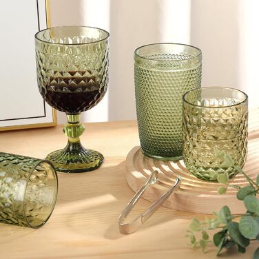 Joeyan 200ml Small Green Drinking Glasses Set of 6, Colorful Water Glasses Set with Diamond Embossed Design, Vintage Glasses Set for Home Restaurant Bar, Dishwasher Safe