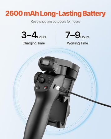 Стабілізатор для смартфона VEVOR з 3-осьовою стабілізацією, трекінг облич/об'єктів, штатив, портативний та складаний, для відеозйомки, DC 3,5–4,2V, без підсвічування, підтримка додатків