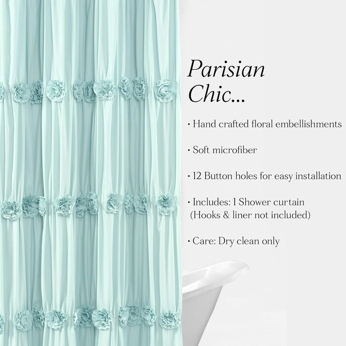 Штора для душу Lush Decor Darla з рюшами та квітковим малюнком, поліестер, біла, 183x183 см (блакитна)