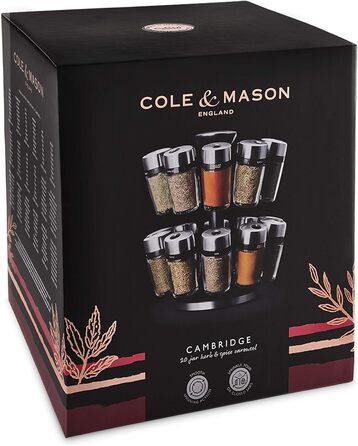 Набір для спецій Cole & Mason Cambridge: 20 банок, обертовий стійкий органайзер, нержавіюча сталь і скло, зі спеціями та травами