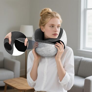 Подушка для шиї у подорожах: м'яка, з memory foam, для автомобіля та літака, з навушниками та маскою для сну (світло-сіра)