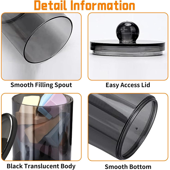 Організатор для ватних паличок та косметики з кришкою (3 шт.) - прозорий чорний контейнер для ватних дисків, зубної нитки, спонжів для макіяжу та аксесуарів для волосся