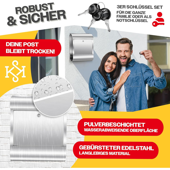 Поштовий ящик настінний KESSER® XXL нержавіюча сталь срібний з газетницею, замок + 3 ключі, вологостійкий, порошкове покриття