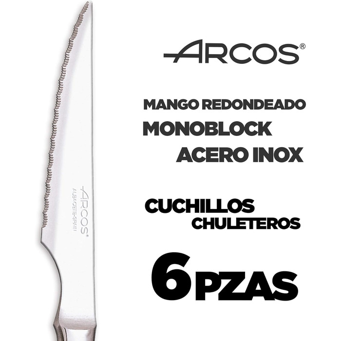 Набір ножів для стейку Arcos, 6 шт, нержавіюча сталь, лезо 110 мм, моноблочна ручка, можна мити в посудомийці, екологічна упаковка