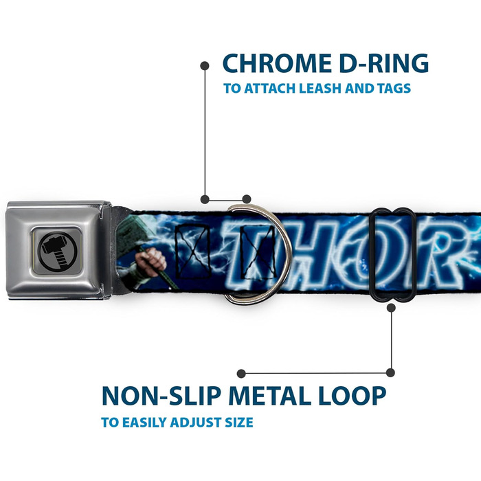 Нашийник для собак з кріпленням на ремінь безпеки, Avengers Thor, Поза з молотом, Галактичний синій та білий, 38-66 см, ширина 2.5 см, підходить для великих собак