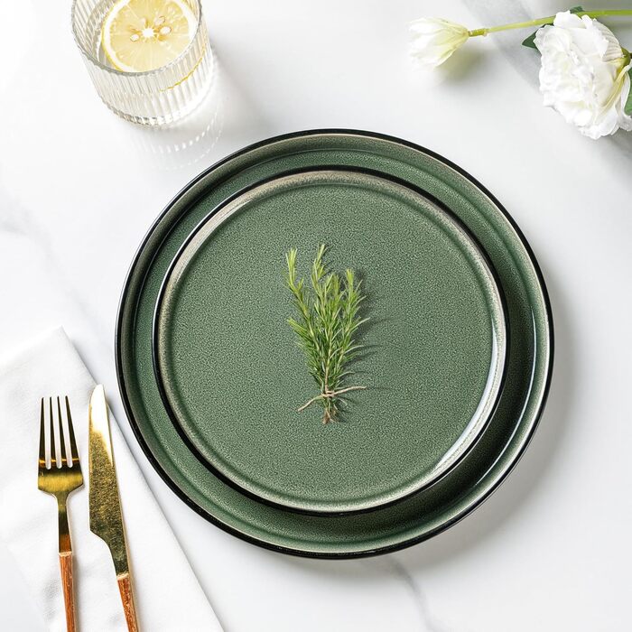 Набір керамічного посуду AmorArc (24 шт.) для 8 осіб: тарілки та миски, реактивна глазур, стійкий до сколів та тріщин, придатний для миття в посудомийній машині та використання в мікрохвильовій печі. Сервіз для 8 осіб (24-teilig), колір: матовий чорний не