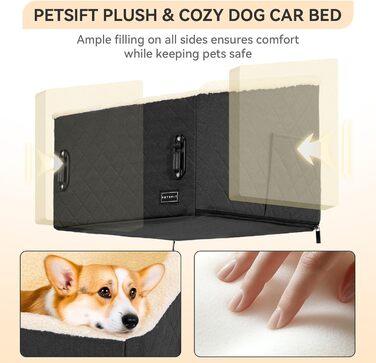 PETSFIT Автокрісло для собак, підняте на 12.5 см, для собак до 12 кг, чорний колір, знімний плюшевий чохол, безпечне кріплення