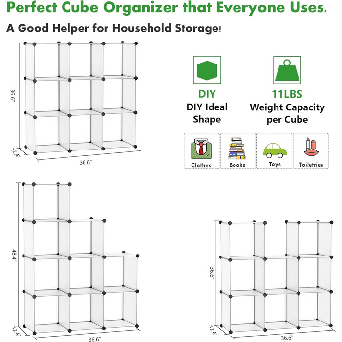 C&AHOME UPCS09M Dice Storage Organizer, 9-Cube Shelves, Closet Organizer, DIY, Plastic, Modular Bookshelf, Ideal for Bedroom, Living Room, Milky White (Transparent White)