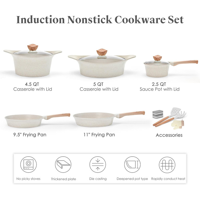 Набір посуду RIOVARM з індукційним дном, антипригарне покриття граніт, набір каструль та сковорідок з кришками, без PFOA, з ручками з імітацією дерева, сковорода, каструля, ковшик