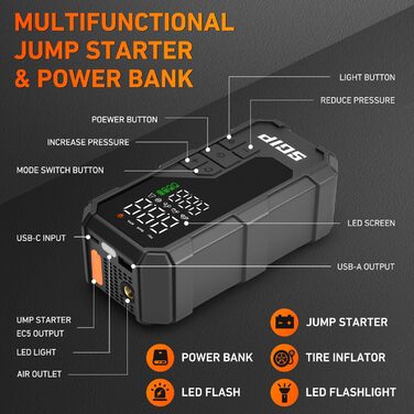 Пускозарядний пристрій для авто 7000A з компресором 150PSI, Powerbank 26800mAh для бензину (до 9л) та дизеля (до 8л), LED-ліхтар