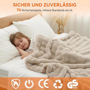 Електрична гріюча ковдра Warmfay з автоматичним вимкненням, 180 × 130 см, штучне хутро, теплий фліс, 8 режимів нагріву, таймер 1-12 годин, пральна, м'яка ковдра для ліжка та дивана - кольору абрикос