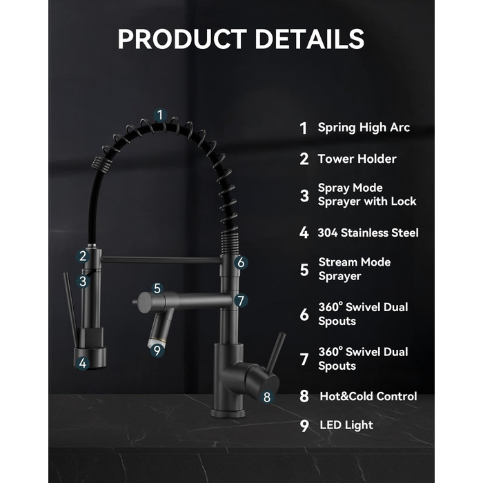 LED кухонний змішувач Warmiehomy з поворотним виливом 360°, 2 виходи, високий вигин, спіральна пружина, чорний