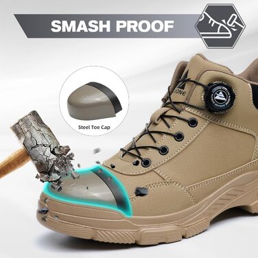 Черевики безпеки чоловічі/жіночі: легкі, водонепроникні робочі черевики з металевим капом та поворотним затвором (43 EU, Коричневий)