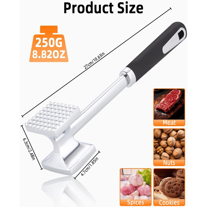 Fleischhammer Bixury 27 см з нержавіючої сталі, двосторонній молоток для м'яса, для приготування шніцелів, котлет, стейків