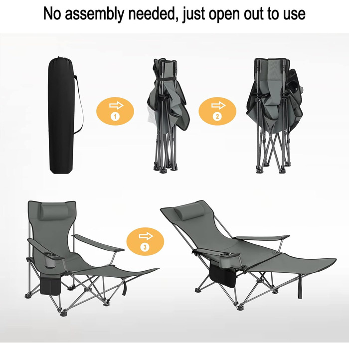 Набір кемпінгових стільців WOLTU 2 шт. з підставкою для ніг, пляжний стілець 2-в-1, вудильник, з підсклянником та сумкою для зберігання (Сірий)
