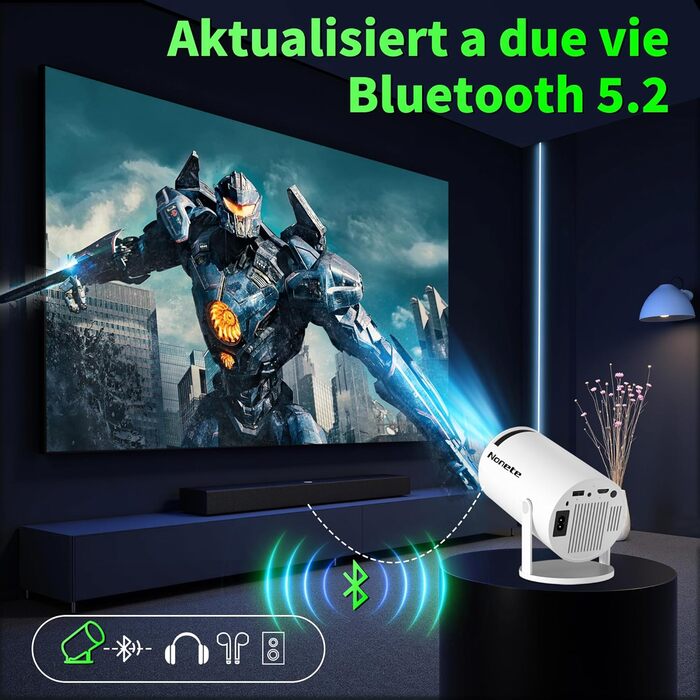 4K проєктор Beamer Full HD 1080P Mini з Wi-Fi 6 та Bluetooth 5.2, Android, портативний, 270° обертання, автоматична корекція трапеції, для PC/HDMI/USB, з мишкою та пультом, білий