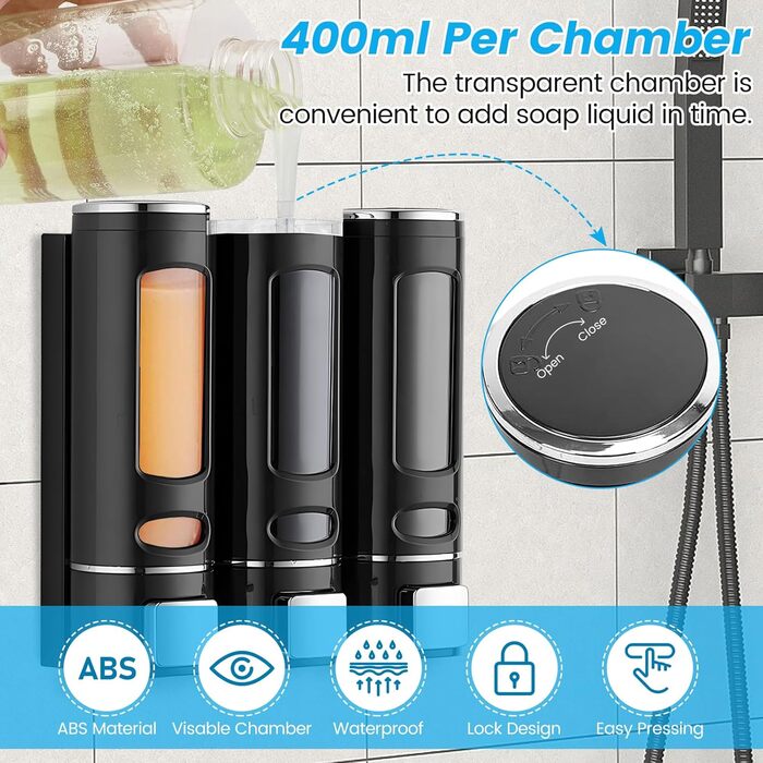 Дозатор для мила Qudubuy, 400 мл, 3 відсіки, настінний, для душу, шампуню, кондиціонера, без свердління, для ванної та кухні, велика місткість