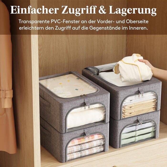 Lifewit 4-Pack Clothes Storage Containers with Metal Frame, Foldable Storage Box with Lid, 25L Stackable Storage Bags Fabric Containers Organizer with Clear Window, Sturdy Handles