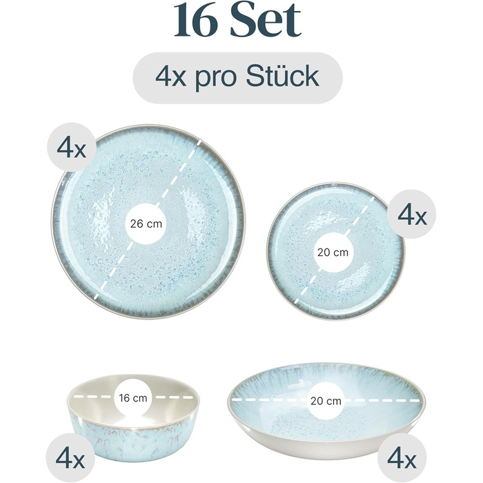 Набір посуду Steingut Ibiza 16 предметів для 4 осіб (синьо-бежевий) - Pure Living, TESTSIEGER