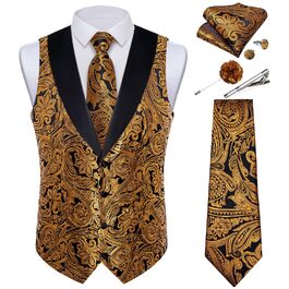 Костюм-жилет DiBanGu для чоловіків, шовковий жаккард, жилет та краватка, комплект з жабо, для смокінгу, весілля, свят, 7 предметів, золото та чорний