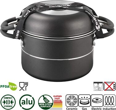 Набір посуду для кемпінгу BRUNNER Alu (каструлі та сковорідки) - 7+1, Vakublock, для 4 осіб, з антипригарним покриттям, легкий, високоякісний, складаний, діаметр 22 см